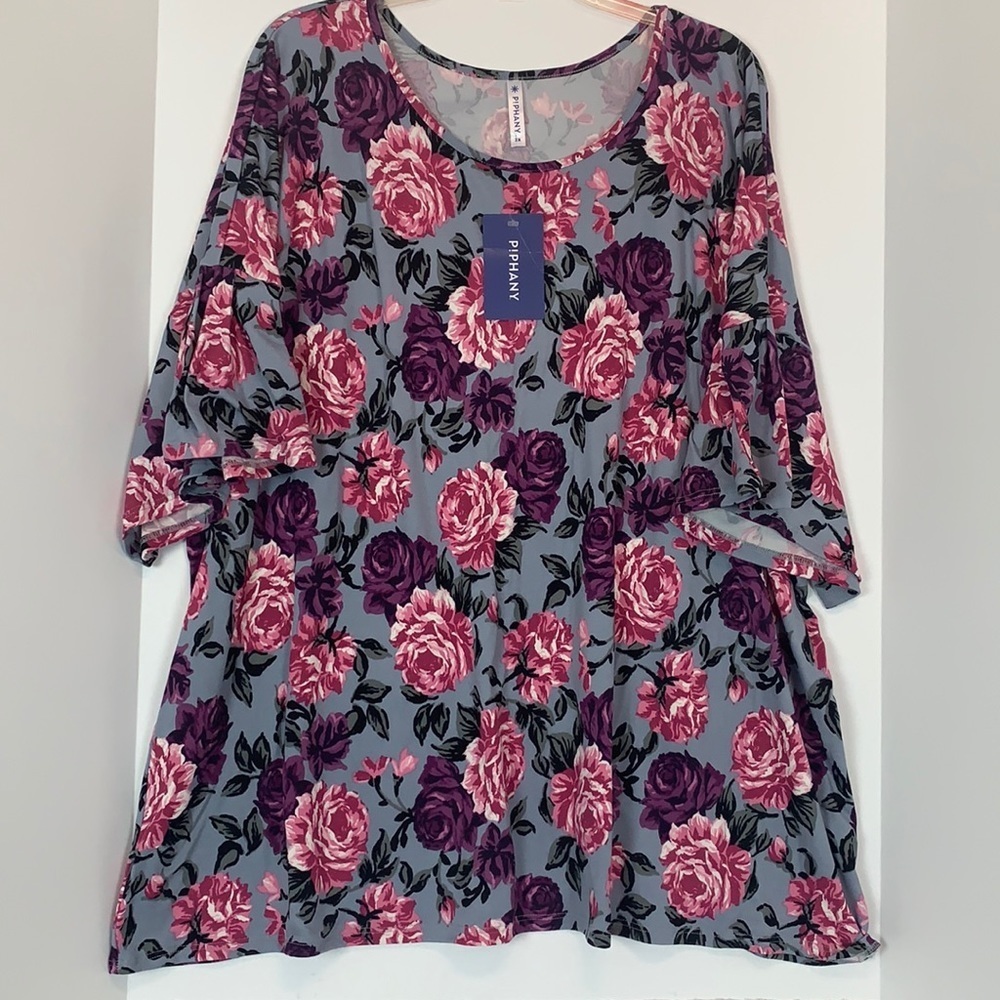 NWT Piphany floral gray and pink elbow bell sleeve top size 2X
